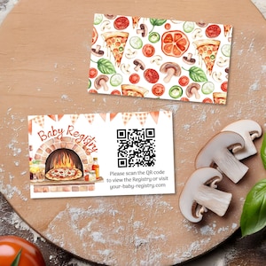 Carte de registre bébé Pizza QR, insertion de tranches de baby shower, étudiante neutre à imprimer, registre de cadeaux, modèle Corjl modifiable, E2521
