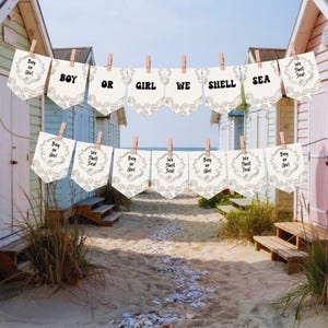 Gender Reveal Bunting We Shell Sea, Printable Seashell Beach Theme Banner, Neutral Party Decor, Big Reveal, He or She, Boy or Girl, E2517