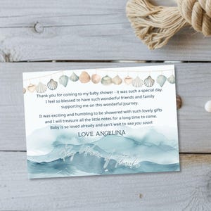 Tarjeta de agradecimiento para baby shower "Te amo pronto", inserto editable de género neutro costero, diseño de conchas marinas de verano, plantilla imprimible, E2528