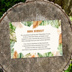 Dino-boekverzoekkaart, komt binnenkort uit babyshower invoegen, breng in plaats daarvan een boek mee, afdrukbaar jungle baby-dinothema, bewerkbare sjabloon, E2527
