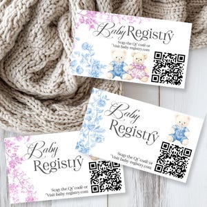 Sexe révélateur de carte de registre QR ours en peluche, registre cadeau imprimable rose bleu toile, insert floral vintage, modèle Corjl modifiable, E2504