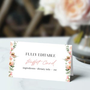 Cartões de Buffet Baby in Bloom, Cartões dobráveis para Chá de Bebê de Menina, Placas Florais para Imprimir, Modelo Editável Corjl, Flores Silvestres de Pêssego E2501