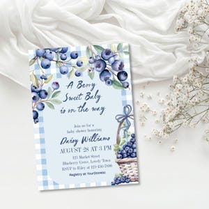 Berry Sweet Baby Shower Invite, Printable Blueberry Invitation, Editable Template, Gender Neutral, Digital Download, Summer Evite, E2526