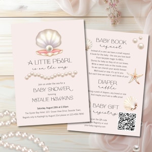 Convite para chá de bebê &quot;Uma pequena pérola está a caminho&quot;, modelo editável, tema oceano, convite com detalhes, registro QR, solicitação de livro, E2529