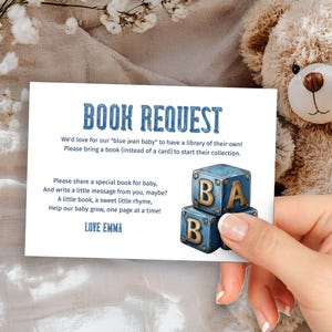 Blue Jean babyboekaanvraagkaart, denim babyshower invoegen, bewerkbare sjabloon, babyboekenbibliotheek, instant digitale download, E2523