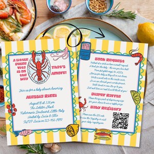 Invitación para baby shower todo en uno, con detalles, registro QR, solicitud de pañales y libro, temática mediterránea, plantilla digital, E2524