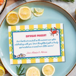 Tarjeta de agradecimiento para baby shower mediterráneo, plantilla imprimible con temática de peces de la costa de Amalfi, rayas amarillas, descarga digital Corjl, E2524