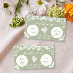 Cartes à gratter Cielito Lindo Gender Reveal, C'est une fille, c'est un garçon, jeu de grattage DIY vert sauge Fiesta Talavera Reveal, modèle Corjl, E2511