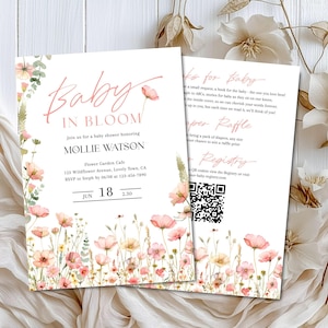 Può includere: Un invito a una festa di baby shower rosa e bianco con illustrazioni floreali. L'invito recita "Baby in Bloom" e include il nome "Mollie Watson". L'invito include anche la data e l'ora della festa, nonché la posizione e le informazioni RSVP.