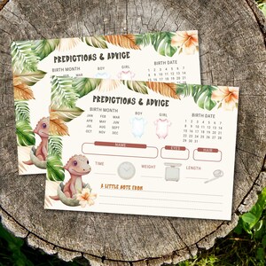 Schede con previsioni e consigli per la nascita di un dinosauro, gioco per baby shower "Hatching Soon", tema giungla con dinosauri stampabile, scheda modificabile per la nascita di un dinosauro, E2527