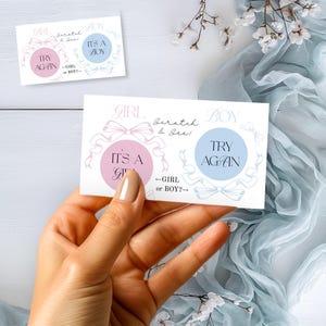 Tarjetas rasca y gana DIY para revelar el género, temática de coqueta rosa y azul, tarjeta rasca y gana con lazo, niño o niña, plantilla editable Corjl, E2506