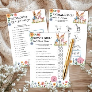 Peter Rabbit Gender Reveal Games, Bunny Baby Shower Game Bundle, modèles Corjl modifiables et imprimables à télécharger au format PDF, E2502