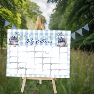 Due Date Calendar Berry Sweet Blueberry, Baby Shower Game, Blue Gingham Poster, Guess the Date, Summer Baby Shower, Digital Download, E2526