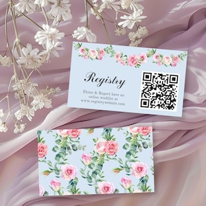 Carte de registre avec code QR, informations sur le cadeau révélant le genre de renversement du thé, insert de registre de baby shower, thé vintage imprimable modifiable, E2512