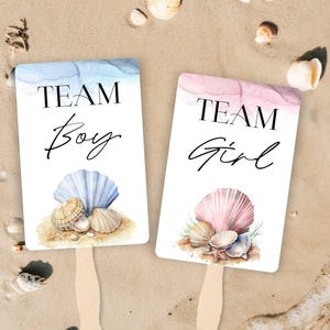 Éventails filles ou garçons de l'équipe, accessoires de révélation de genre We Shell Sea, cartes de fans imprimables bricolage, activité de vote entre les sexes, douche de plage, E2514