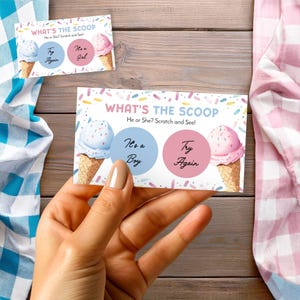 Tarjetas de rascar para revelar el género, tarjetas de rascar DIY con temática de helado para niño o niña, plantilla de juego Corjl editable, E2510