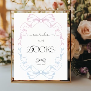 Letrero de tarjetas y libros, letrero para revelar el género de la niña, decoración con lazo rosa y azul, coqueta, plantilla editable, descarga instantánea de Corjl, E2506