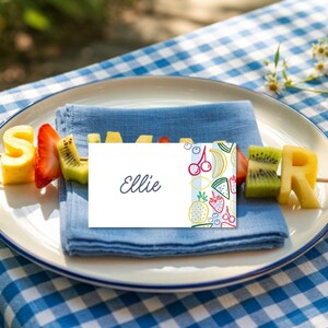 Babyparty-Tischkarten, blauer Streifen, Marktfrucht-Thema-Namenskarten, Sommerfest-Tischdekoration, Corjl bearbeitbare Vorlage, Druck, E2522