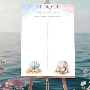 Puede incluir: Un letrero blanco sobre un caballete con el texto "HE OR SHE We shell sea! ADD YOUR NAME TO CAST YOUR VOTE". El letrero tiene detalles en acuarela azul y rosa e ilustraciones de conchas marinas. El fondo es una escena oceánica borrosa.