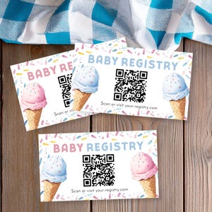 Code QR de carte de registre What's the Scoop, registre de cadeaux modifiables pour saupoudrer de crème glacée révélant le sexe, numérique rose bleu, modèle Corjl, E2510