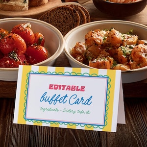 Italienische Babyparty, Buffet-Lebensmittelkarten, Gastronomieetiketten mit mediterranem Thema, Hummergefaltete bearbeitbare Tischkarten, benutzerdefinierte druckbare Karten, E2524