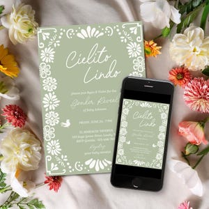 Faire-part dévoiler le sexe Cielito Lindo, invitation à la fiesta mexicaine Talavera vert sauge, garçon ou fille, lui ou elle, modèle Corjl modifiable, E2511