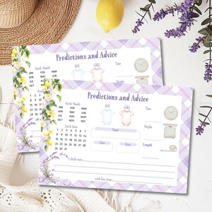 Schede con previsioni e consigli per il baby shower, gioco per baby shower con bambina limone e lavanda, modello Corjl modificabile, biglietto stampabile, E2519