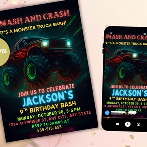 Editable Boy Birthday Party Invitation, Monster Truck Party Digital Evite, Boys Truck Theme Event Flyer, Editable template, Instant Download