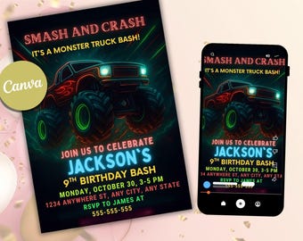 Monster Truck Birthday Party Invitation, Boys Truck Theme (Digital Evite)
