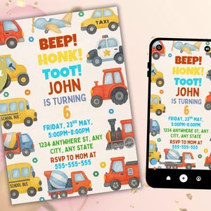 Editable Transportation Birthday Party Invitation, Truck, Train, Cars Invite, Kids Birthday Invitation, Cars Party Invite, Digital Download