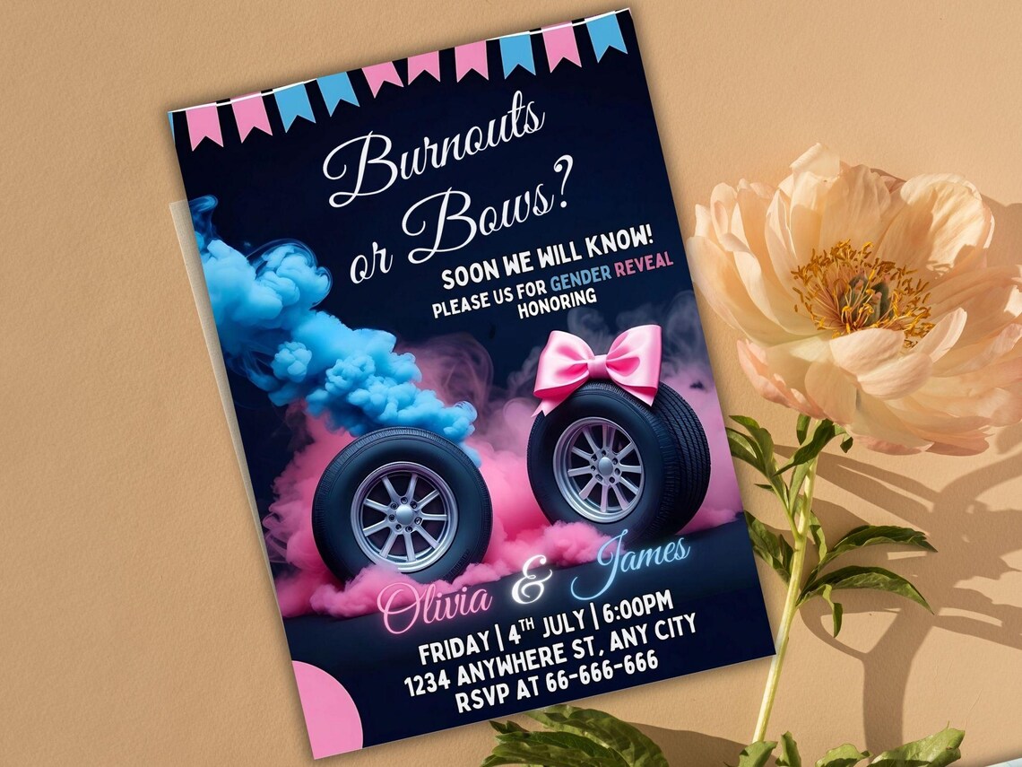 Burnouts or Bows Gender Reveal Invitation Editable Digital Template Etsy