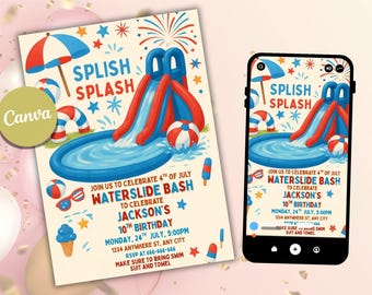 4th of July Waterslide Party Invitation Template | Editable Fourth of July Invite | Printable Pool Party Invitation | Independence Day