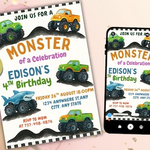 Monster Truck Birthday Invitation, Boom Crash, Monster Truck Bash, Printable Invitation, Trucks Birthday Invite, Template For Boys, Digital