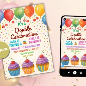 Siblings Birthday Invitation: Joint Party, Editable Template (Canva Edit, Digital Download)