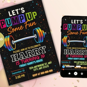 Fitness Gym Birthday Invitation Template: Printable Party (Instant Download, 5x7&quot; PDF or JPEG Format)