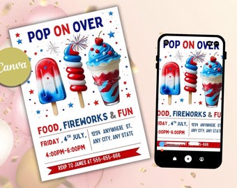 Editable 4th of July Popsicles Invitation, Patriotic Party (Digital)