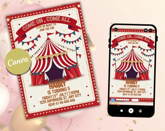 Carnival Birthday Invitation: Editable Circus Party Template (Canva, 5x7, Digital Download)