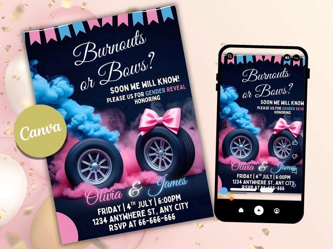 Burnouts or Bows Gender Reveal Invitation Editable Digital Template Etsy