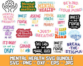 Geestelijke gezondheidsbewustzijn SVG-bundel: inspirerende positieve ontwerpen (digitale download)
