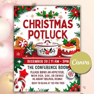 Op de afbeelding: Een feestelijke uitnodiging voor een kerstpotluck met rode en groene accenten. Het ontwerp bevat een pot, cake en vakantiedecoraties. De tekst luidt "Christmas Potluck" en geeft evenementdetails.