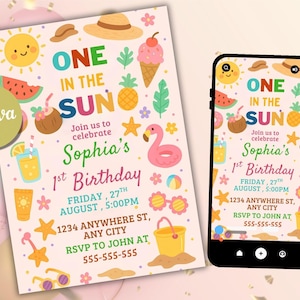 Editable One In The Sun 1st Birthday Party Invitation, Tropical Summer Splish Splash Girly 1st Birthday Party, Pool Party Instant Download