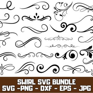 May include: A collection of black swirl designs in various shapes and sizes, perfect for digital art projects. The image includes decorative flourishes, curls, and ornamental elements. The text at the bottom reads "SWIRL SVG BUNDLE" with file type options.