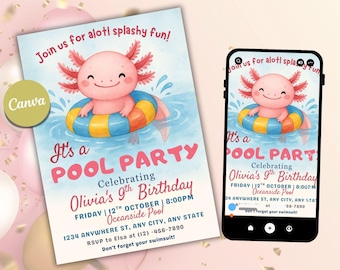 Editable Axolotl Pool Party Invitation for Girls, Pink Swimming Birthday Invite Template, Printable 5x7 4x6 Digital Download
