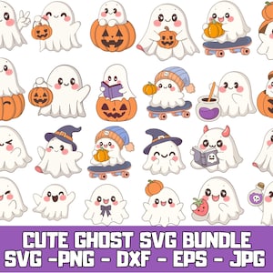 May include: A collection of cute cartoon ghost illustrations in various poses, some holding pumpkins, wearing hats, or riding skateboards. The text "CUTE GHOST SVG BUNDLE" is displayed at the bottom, along with file type abbreviations.