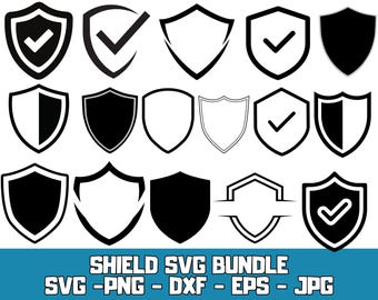 May include: A collection of black and white shield designs, including solid shields, outlines, and shields with checkmarks. The text "SHIELD SVG BUNDLE" is displayed at the bottom, along with file type abbreviations.