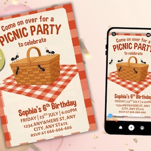 Picnic Birthday Invitation: Gingham Summer Party, Editable Template (Digital Download)