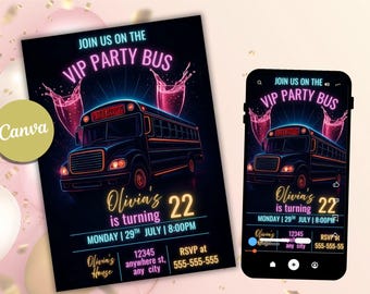 Retro Neon Party Bus 15TH Birthday Invitation,Glow VIP Party Bus Invite,Editable CanvaTemplate,Digital Limo Vegas Any age Bus Birthday Evite