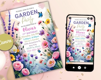 Wildflower Birthday Invitation: Garden Party, Floral, Butterfly (Canva Template)