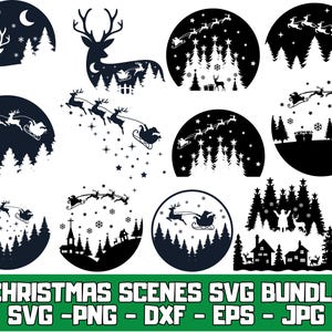 Könnte beinhalten: Eine Sammlung von schwarz-weißen SVG-Designs zum Thema Weihnachten. Die Designs zeigen Silhouetten von Santa's Schlitten, Rentieren, Bäumen und Winterszenen in kreisförmigen Rahmen. Der Text "CHRISTMAS SCENES SVG BUNDLE" befindet sich unten.