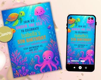 Invitación de cumpleaños editable bajo el mar: Animales marinos neón (Plantilla Canva, descarga digital, 5x7)